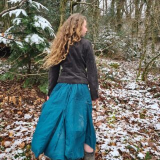 The wind blew in a wild spirit today... I found her standing in the woods... She must have come with the snow ...

#tealbluedress 
#naturalclothing 
#elvenclothing 
#wildwoods 
#livingseasons